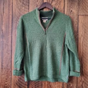 Woolrich green wool blend sweater women's medium zipper and brown stitch detail